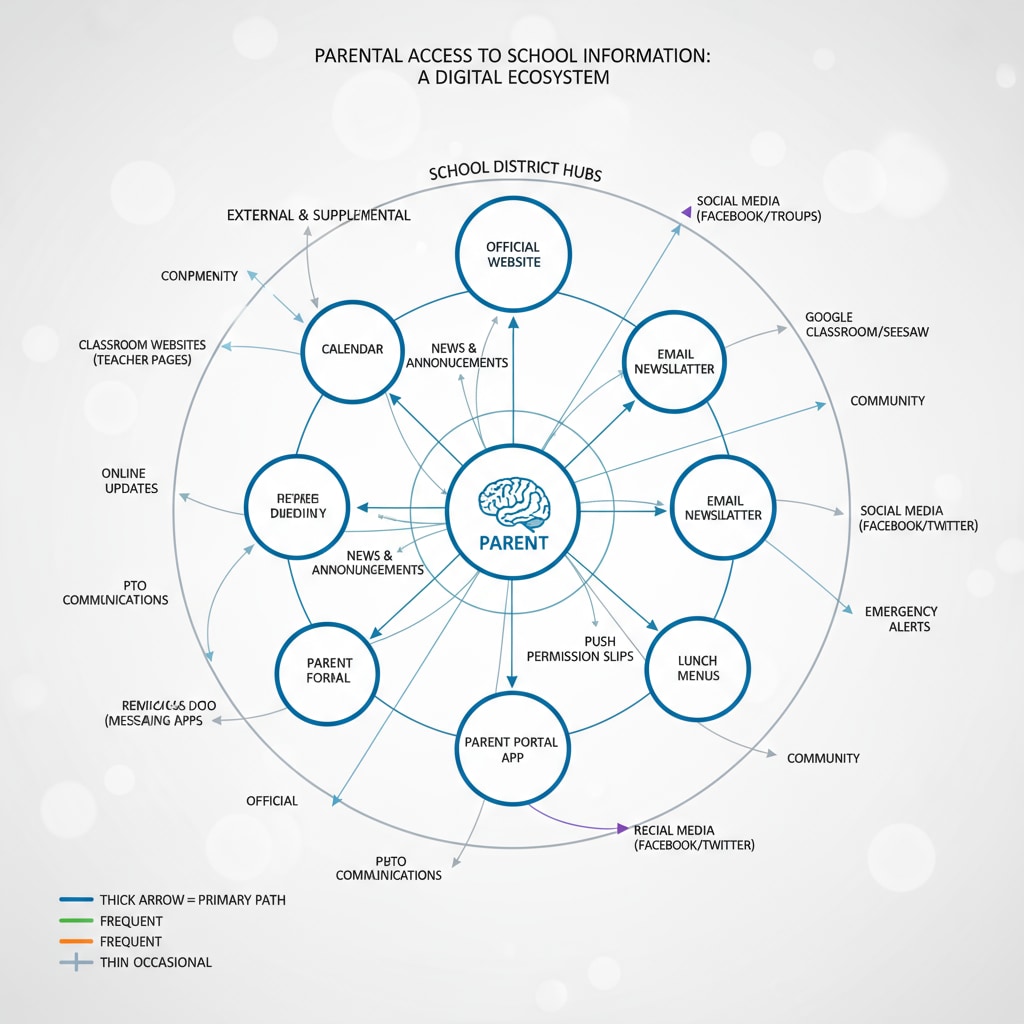 A diagram showing a complex web of different information sources such as websites, apps, and emails for parents to access school information. A visual representation of fragmented school information sources for parents related to school portal system, parent communication, and information management