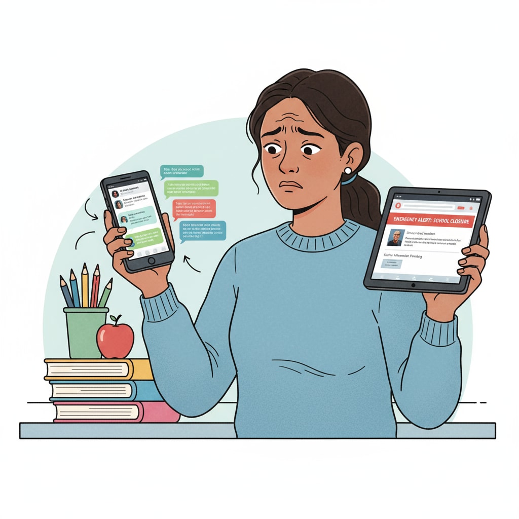 A picture of a parent with a worried expression, holding a phone with multiple open messaging apps and a tablet showing a school website. An image depicting a parent struggling with information overload in the context of school portal system, parent communication, and information management