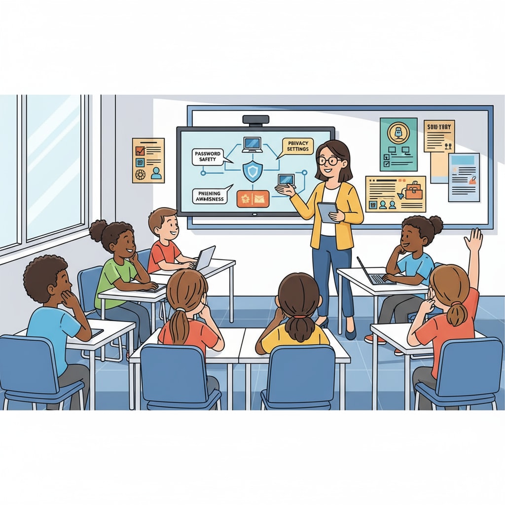 A group of K12 students are sitting in a classroom, looking at the teacher and listening intently during a digital security lecture. K12 students engaged in a digital security lecture as part of cybersecurity teaching