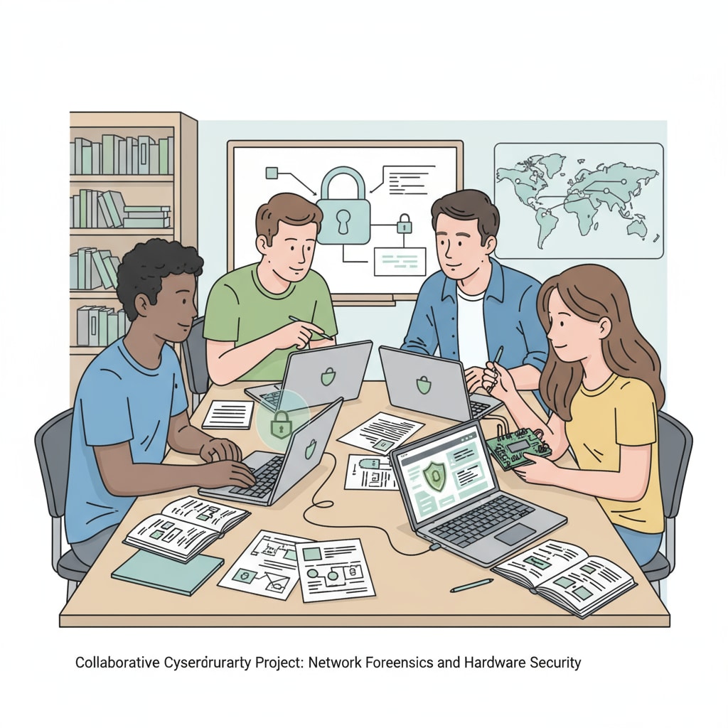 Students are gathered around a table, collaborating on a hands-on activity related to cybersecurity, with laptops and papers in front of them. K12 students actively participating in a hands-on cybersecurity activity for better engagement and learning