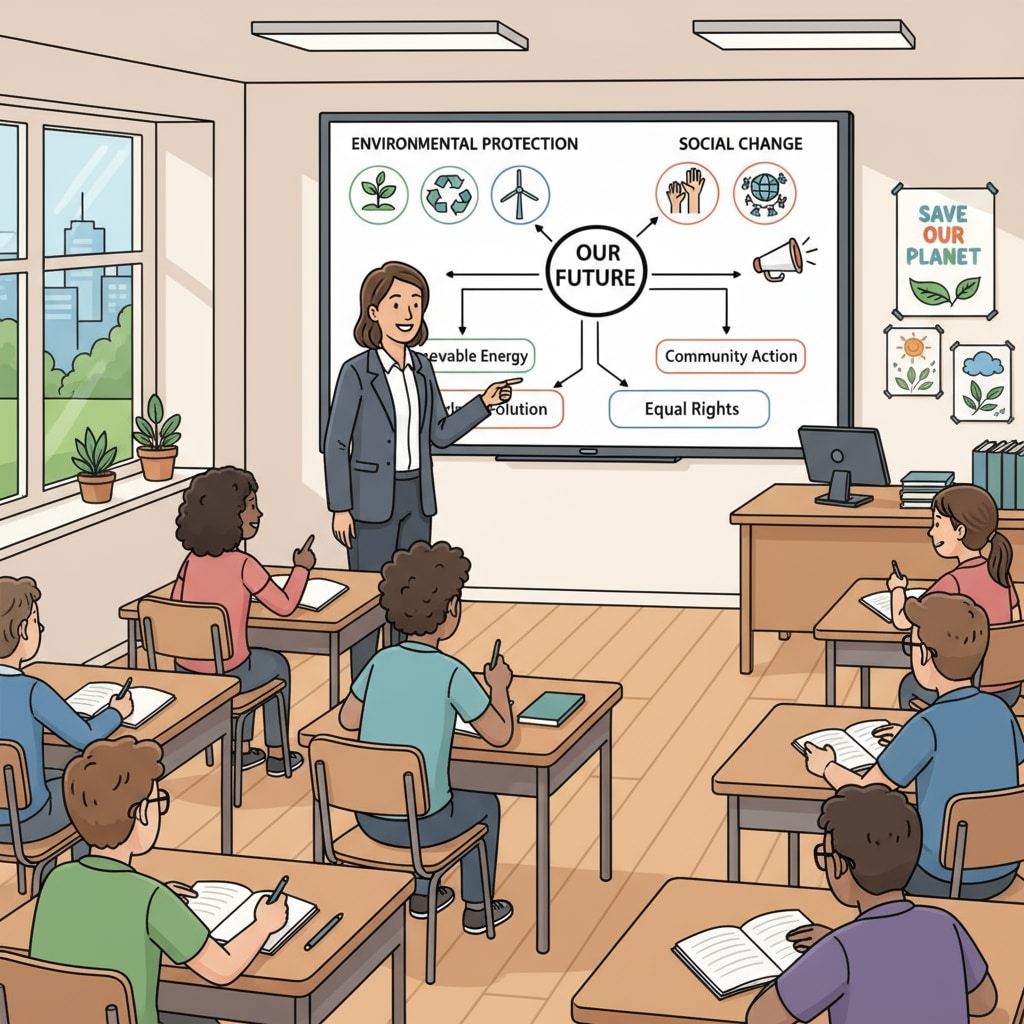 K-12 students learning about environmental protection and social change in a classroom