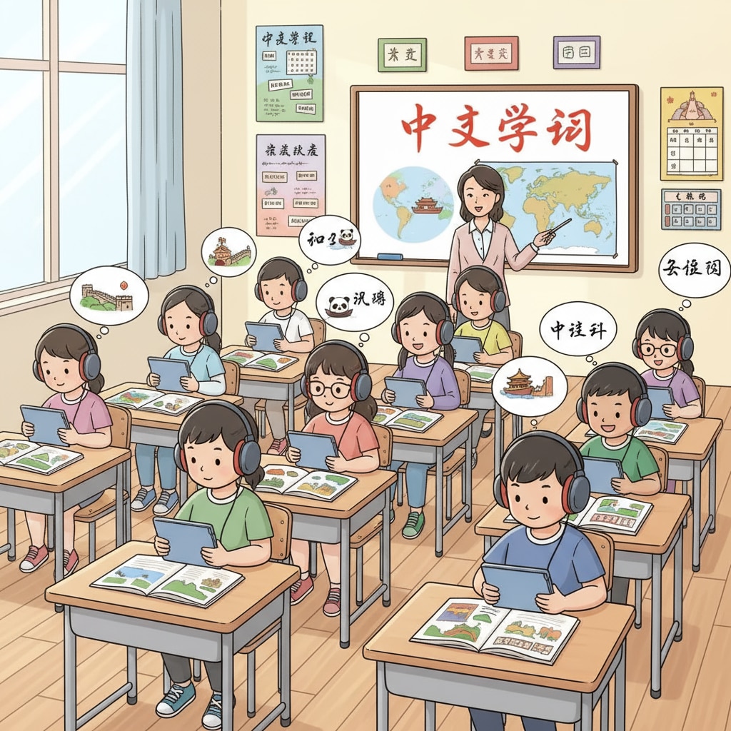 Students are sitting in a classroom, wearing headphones and listening attentively to audiobooks as part of their Chinese language learning activity. Students listening to audiobooks for Chinese language education to enhance reading fluency