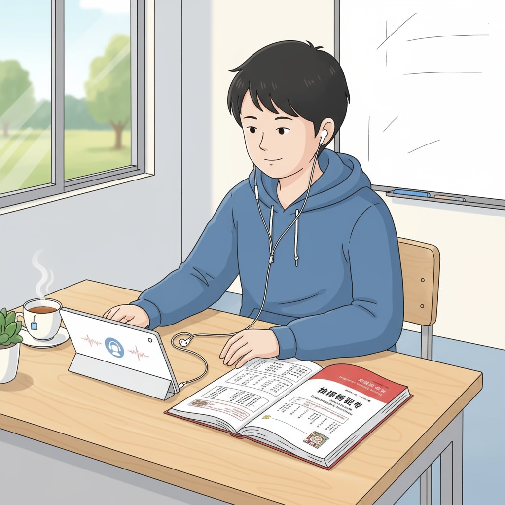 A student is sitting at a desk, using a tablet to listen to an audiobook while referring to a Chinese textbook, demonstrating the combination of auditory and traditional reading methods. A student using an audiobook to assist in Chinese language study for improved reading fluency