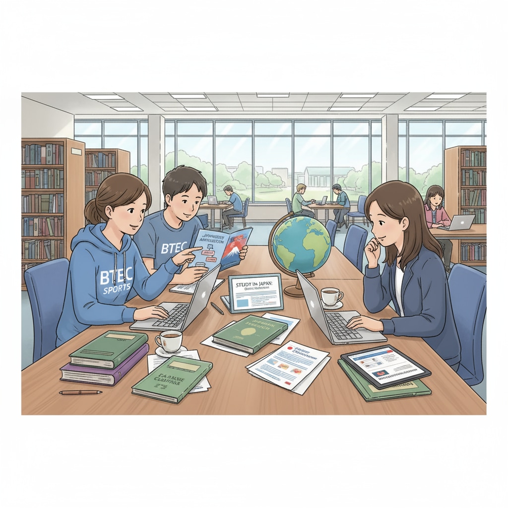 An image showing BTEC holders looking at information about Japanese university applications, with various documents and brochures on the table. BTEC holders considering their options for Japanese university applications