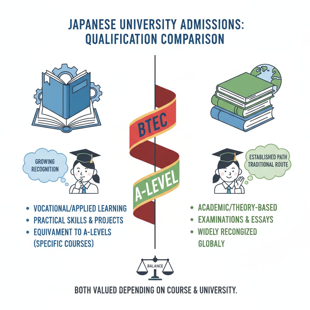A visual comparison between BTEC and A-level qualifications in the context of Japanese university admissions, with details about their features and how they are perceived. Comparison of BTEC and A-level qualifications for Japanese university admissions