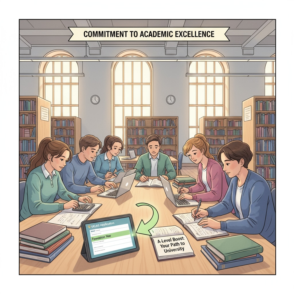 A-Levels students are studying in a library, which shows their dedication to improving academic performance and potentially boosting UCAS points for foundation year applications. A-Levels students studying in a library for UCAS points and foundation year applications