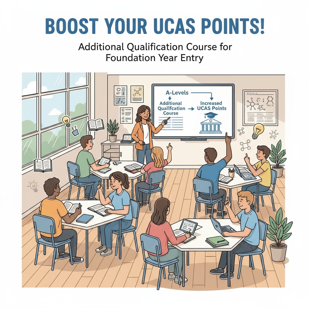 Students are attending an additional qualification course, which is one of the ways to boost UCAS points after A-Levels for foundation year entry. Students attending an additional qualification course for UCAS points and foundation year