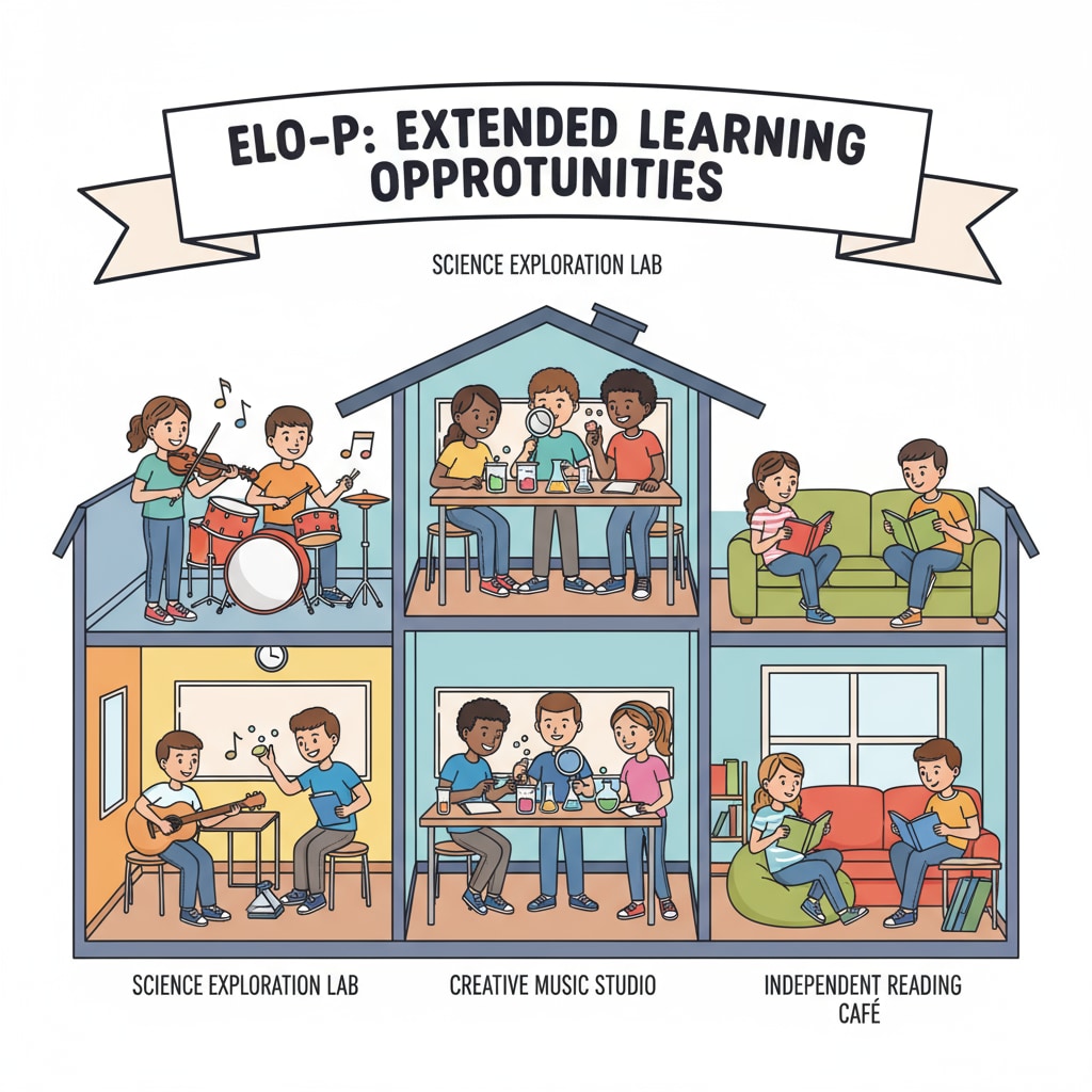 Students are seen actively participating in various learning activities during extended school hours. There are groups working on science experiments, others engaged in a music session, and some reading books. This represents the diverse learning opportunities provided by ELO-P. Students participating in expanded learning opportunities under ELO-P with education funding support