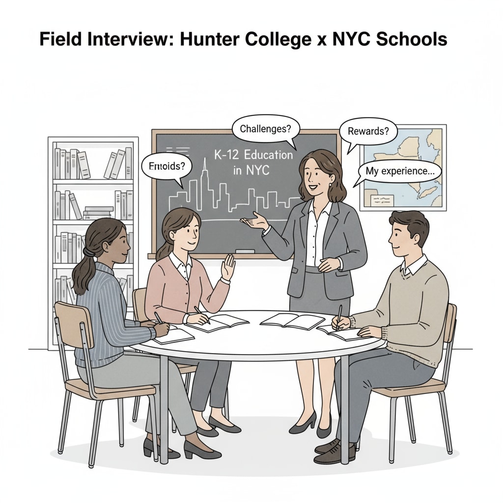 A group of Hunter College students are engaged in an interview with a New York K12 educator. The students are listening intently, and the educator is sharing their experiences. Hunter College students interviewing a New York K12 educator for urban education insights