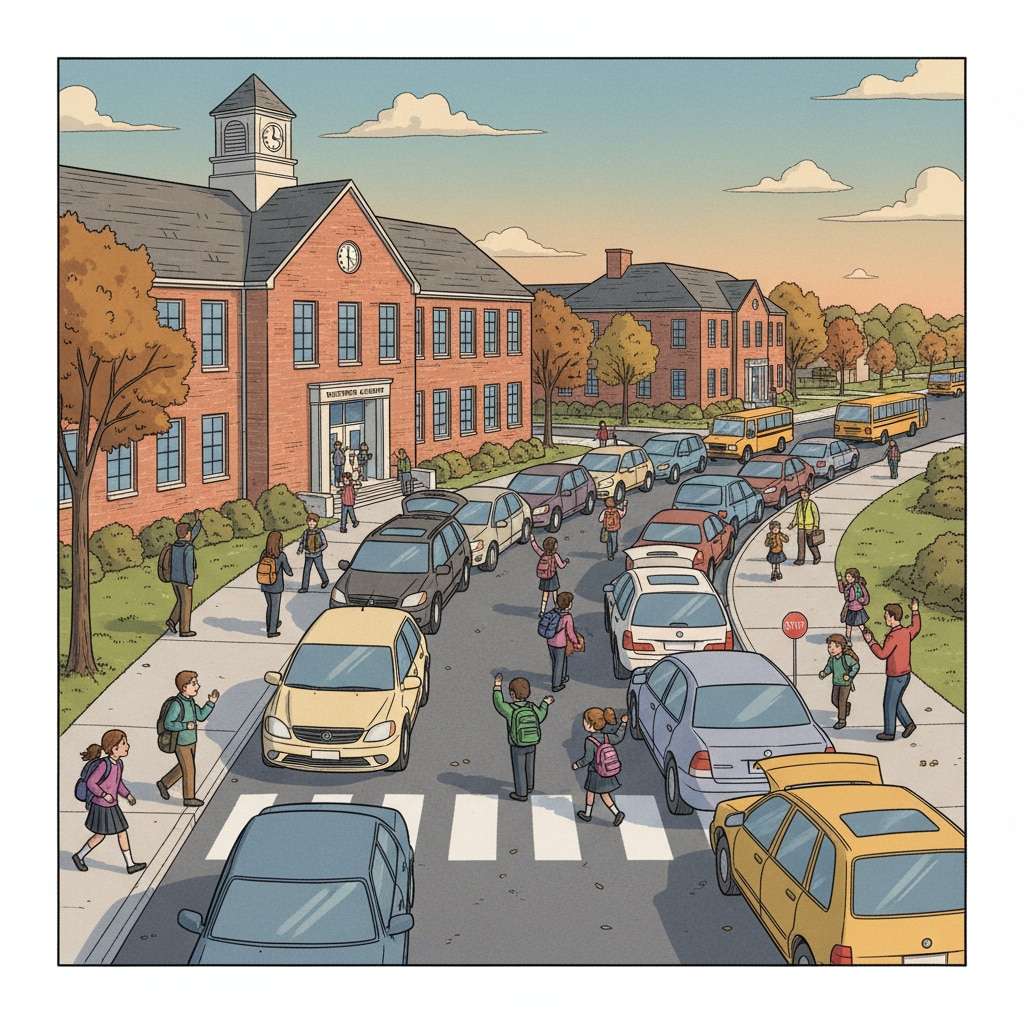 A picture showing a busy school entrance during pick-up time with cars lined up bumper to bumper. School drop-off and pick-up traffic congestion scene