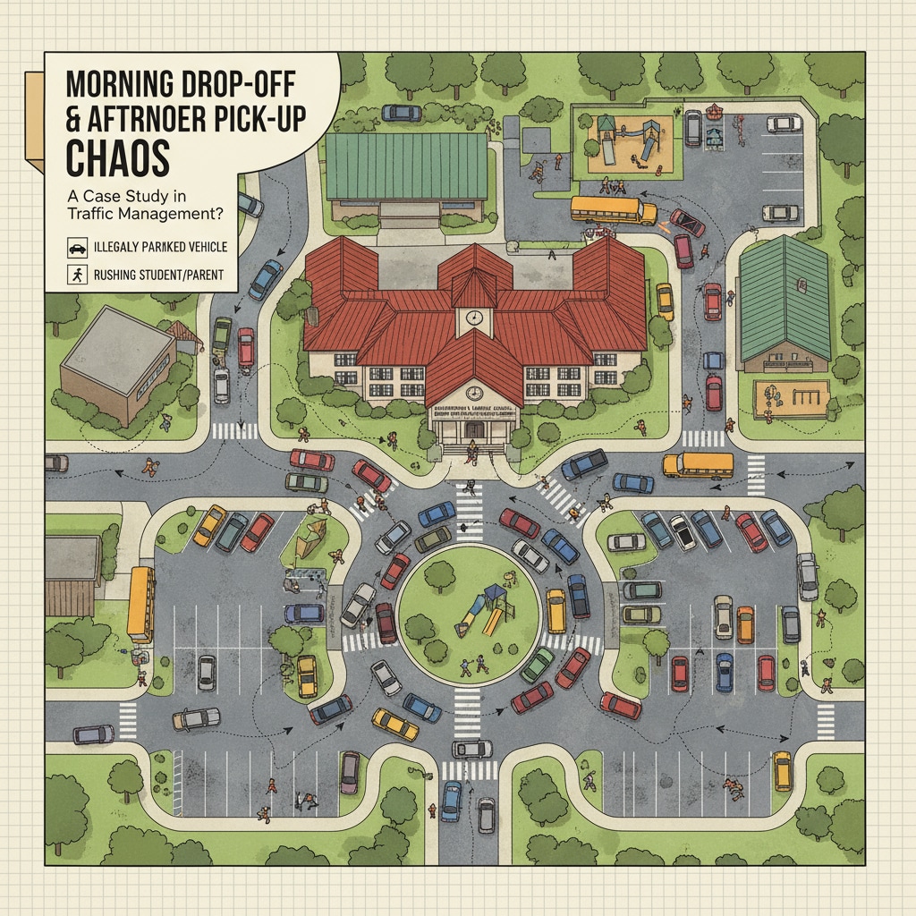 An aerial view of a school with cars parked haphazardly around it, showing the chaos during pick-up and drop-off. Aerial view of school with traffic congestion during pick-up and drop-off