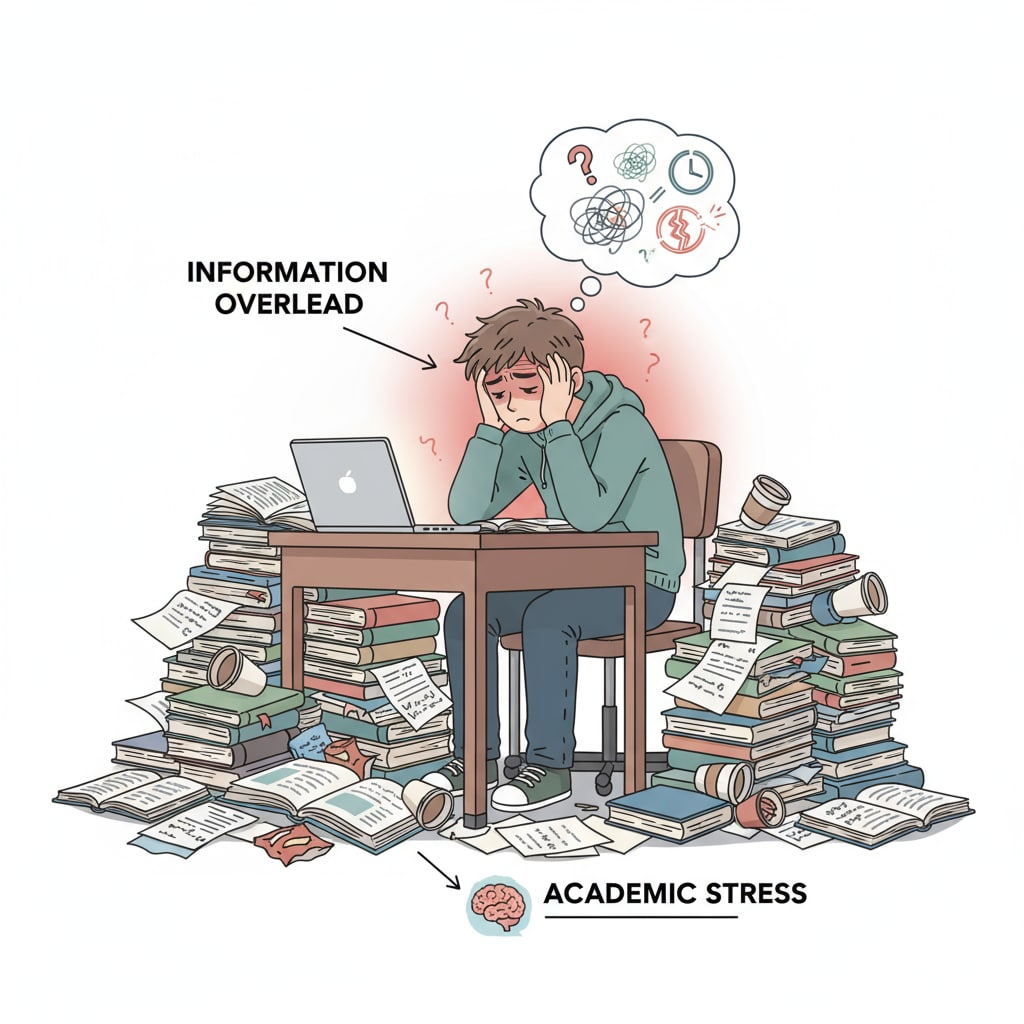 A student sitting at a desk, looking stressed and surrounded by books, depicting the stress students face during academic difficulties. Stressed student at a desk surrounded by books, relevant to academic failure, university expulsion, and reapplication