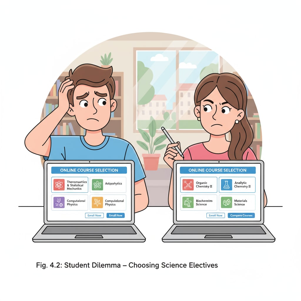 Two students are sitting in front of their laptops. The screens show different physics and chemistry online course options. They have confused expressions on their faces as they try to make a decision. High school students facing the dilemma of choosing between physics and chemistry online courses