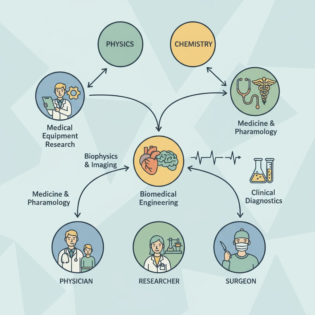 An infographic with arrows connecting physics and chemistry to different career icons in the health field like a stethoscope for medicine related to chemistry and a microscope for physics related medical equipment research. Connection between physics, chemistry, and different career paths in the health field