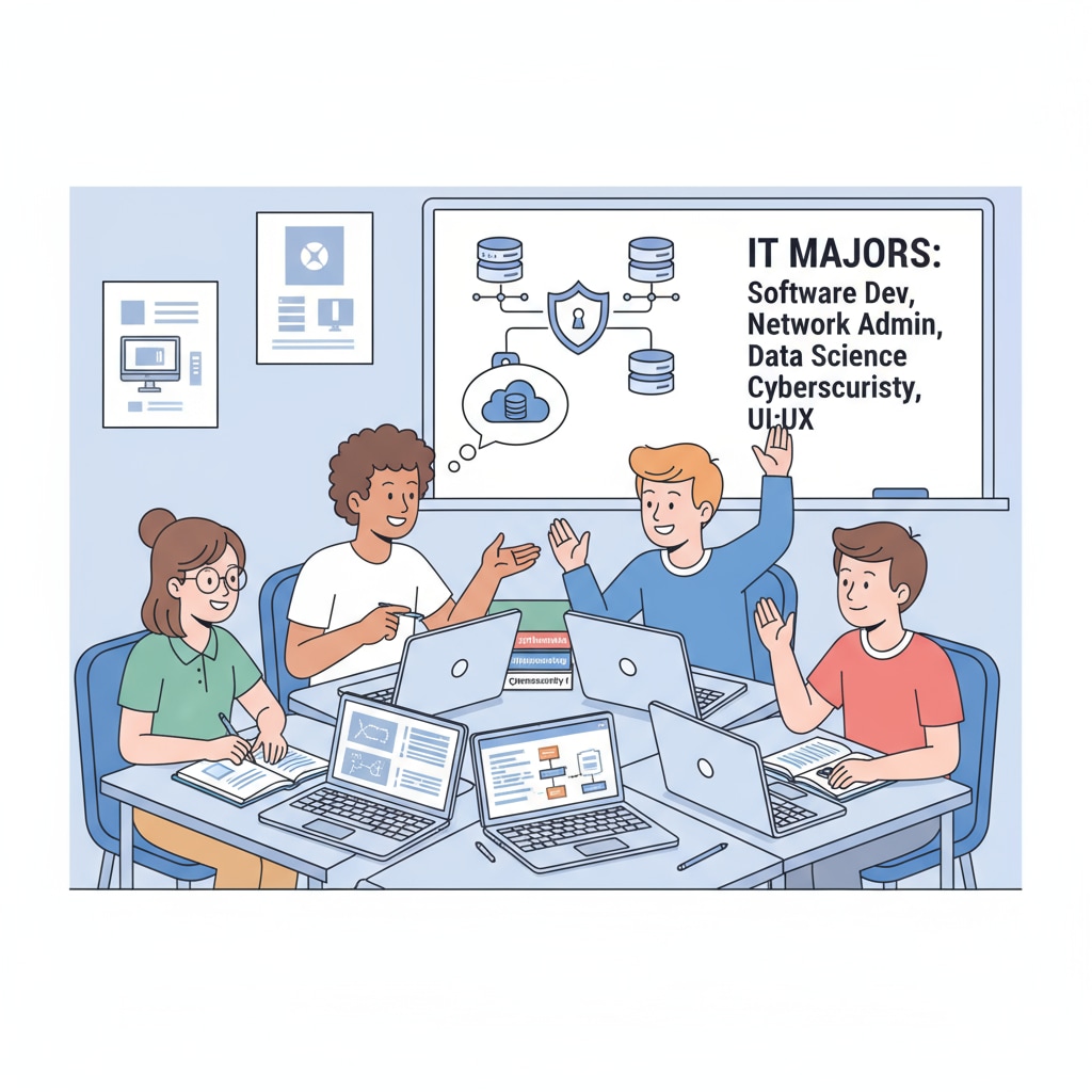 A group of high school students are engaged in a lively discussion about different IT majors in a classroom setting, with textbooks and laptops on their desks. High school students discussing IT majors for university selection and future career development.