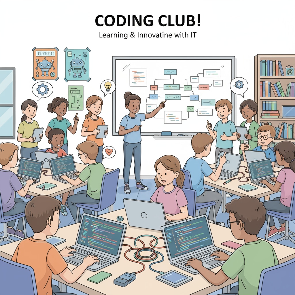 Students are actively participating in a coding club, with some typing on keyboards and others discussing code solutions, showing their enthusiasm for IT-related activities. Students participating in a coding club to develop skills for IT majors and future career in information technology.