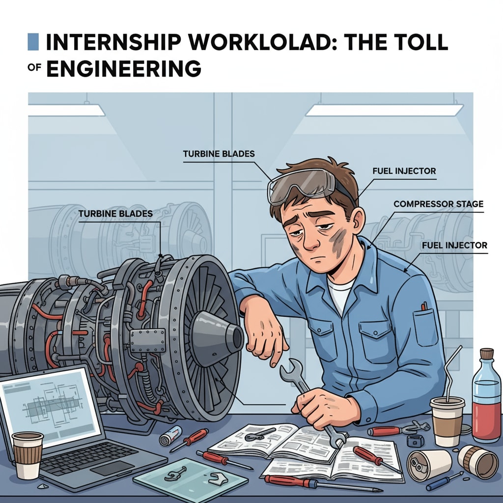 Aeronautical maintenance student experiencing the heavy workload during an internship.
