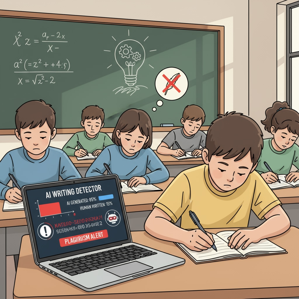 Classroom scene with AI detection tool interface related to creative writing, AI detection, and student creativity