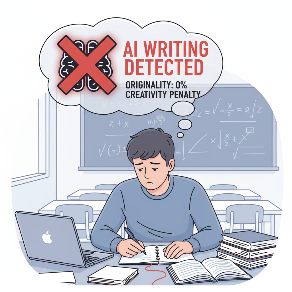Discouraged student with AI detection alert related to creative writing, AI detection, and student creativity