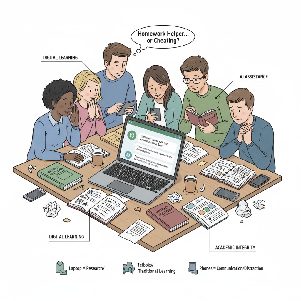 A scene showing students using digital devices, with a laptop displaying a ChatGPT interface, surrounded by textbooks and notebooks, representing the modern educational context where student cheating, ChatGPT, and homework issues converge. Students using digital devices in an educational setting related to student cheating, ChatGPT, and homework