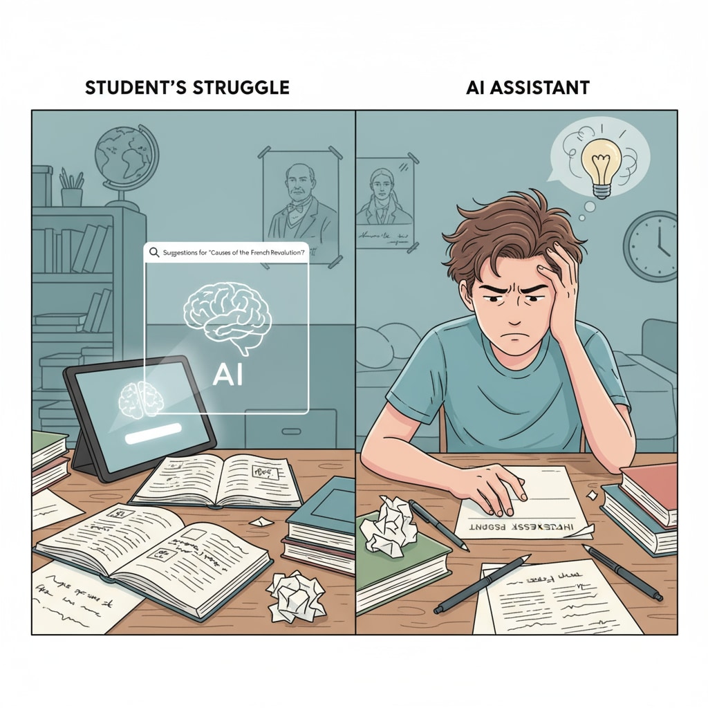 A student sitting at a desk, surrounded by books and papers, with a tablet nearby, struggling to complete homework in the age of AI. A student struggling with homework in the era of AI, related to student cheating, ChatGPT, and homework