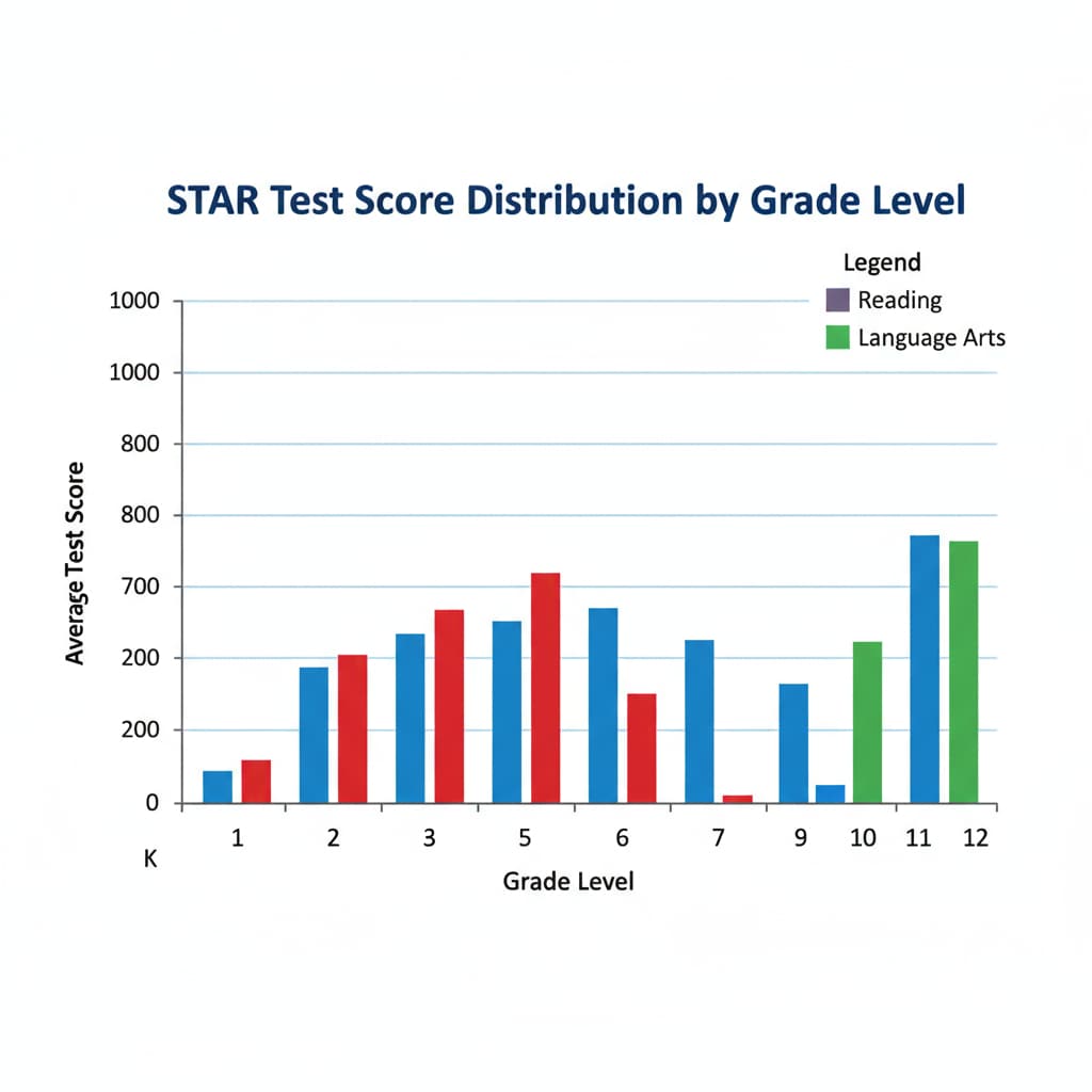 A graph showing the distribution of STAR test scores across different grade levels. The x-axis represents grade levels from K to 12, and the y-axis shows the average test scores. Different colored bars are used to distinguish between different subject areas such as reading, math, and language arts. STAR test score distribution across different grade levels for academic performance evaluation