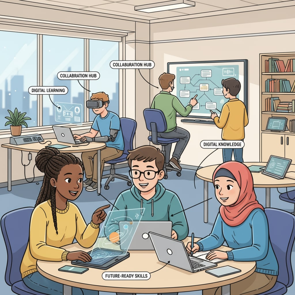 A group of diverse students actively engaged in a modern classroom setting, using digital devices and collaborating Digital native students in a modern classroom related to teaching methods, higher education, and graduate programs