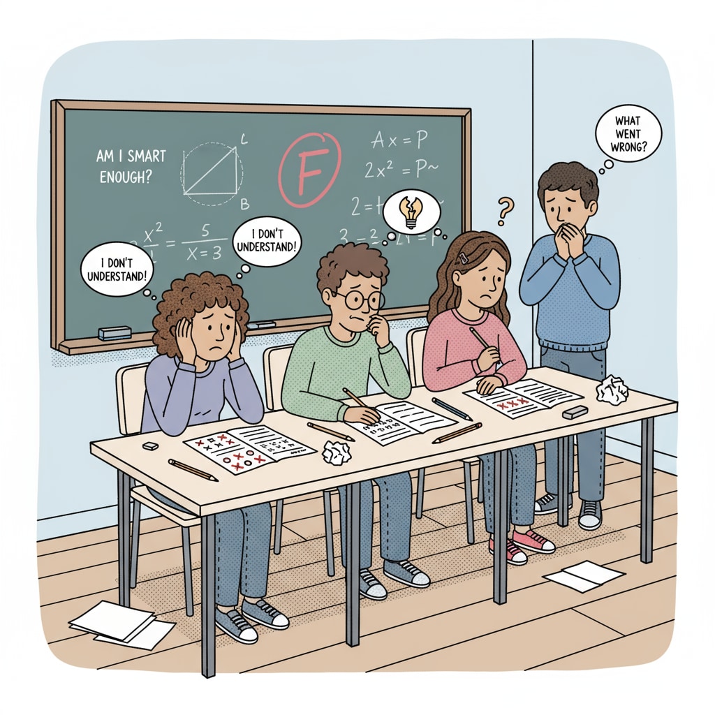 A group of students sitting in a classroom, looking worried while looking at their test papers, which reflects their concerns about academic performance related to self-doubt about intelligence. Students showing concerns about their intelligence due to test papers in a classroom