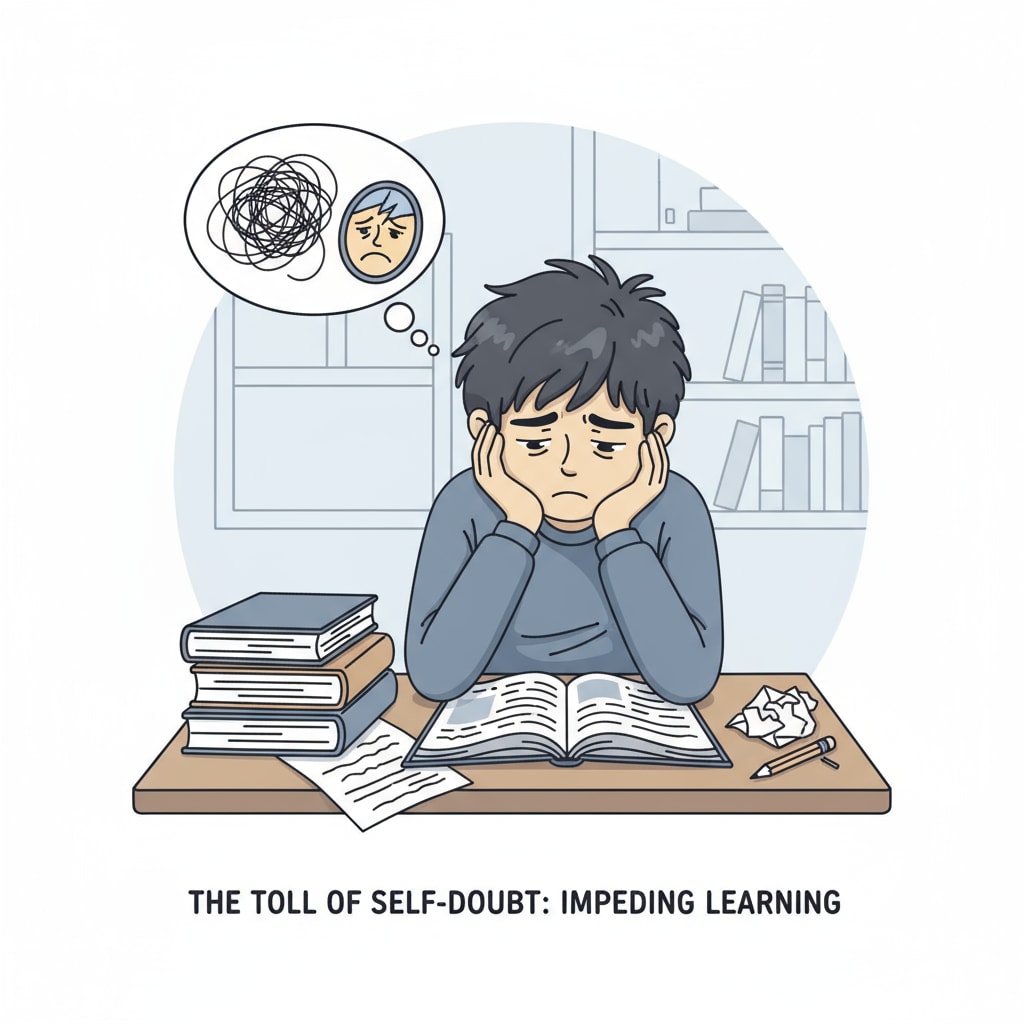 A student sitting at a desk, looking discouraged and not focusing on the books, indicating the negative impact of self-doubt on learning. A discouraged student affected by self-doubt not concentrating on learning