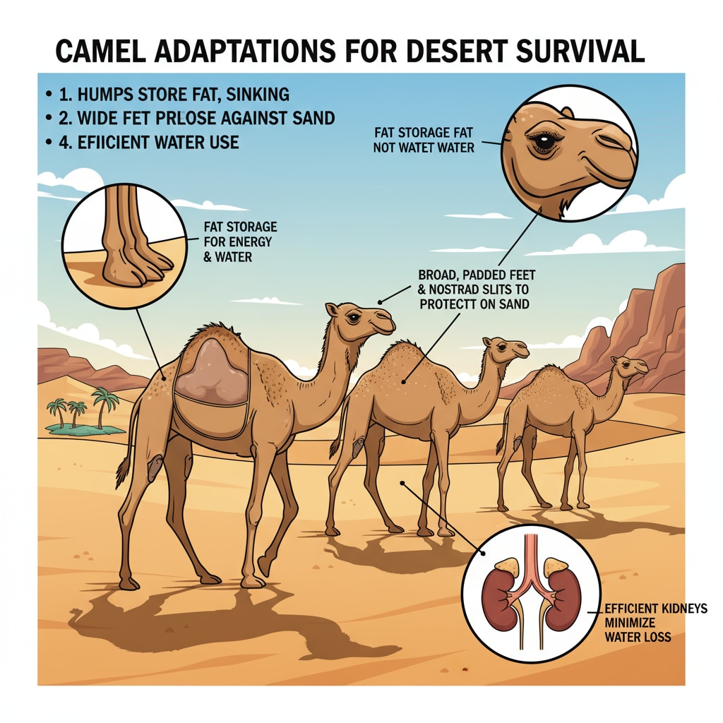A group of camels walking in the desert, showing their unique features adapted to the arid environment Camels demonstrating desert adaptation, evolutionary traits, and survival mechanisms in the desert