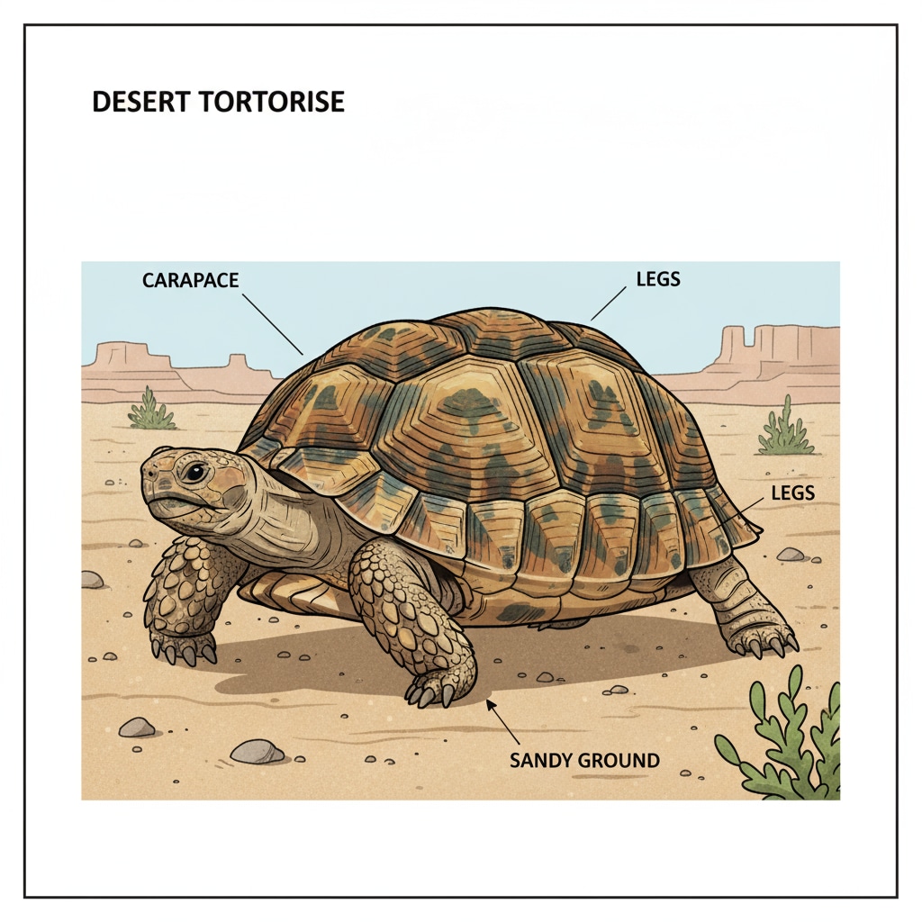 A desert tortoise slowly moving on the sandy ground, showing its protective shell Desert tortoise exhibiting desert adaptation, evolutionary traits, and survival mechanisms