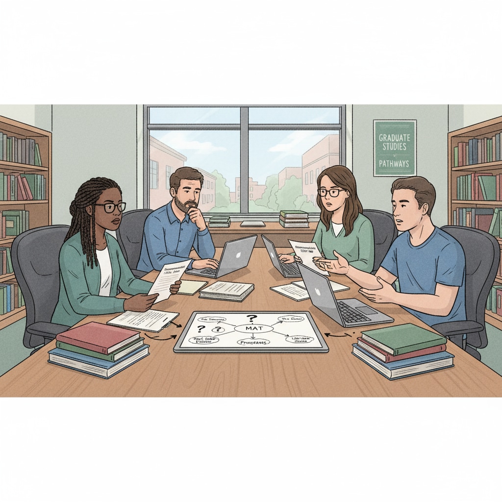 A group of teaching assistants is sitting around a table, having a serious discussion about who to ask for recommendation letters for their MAT program applications. Teaching assistants discussing recommendation letter options for MAT programs