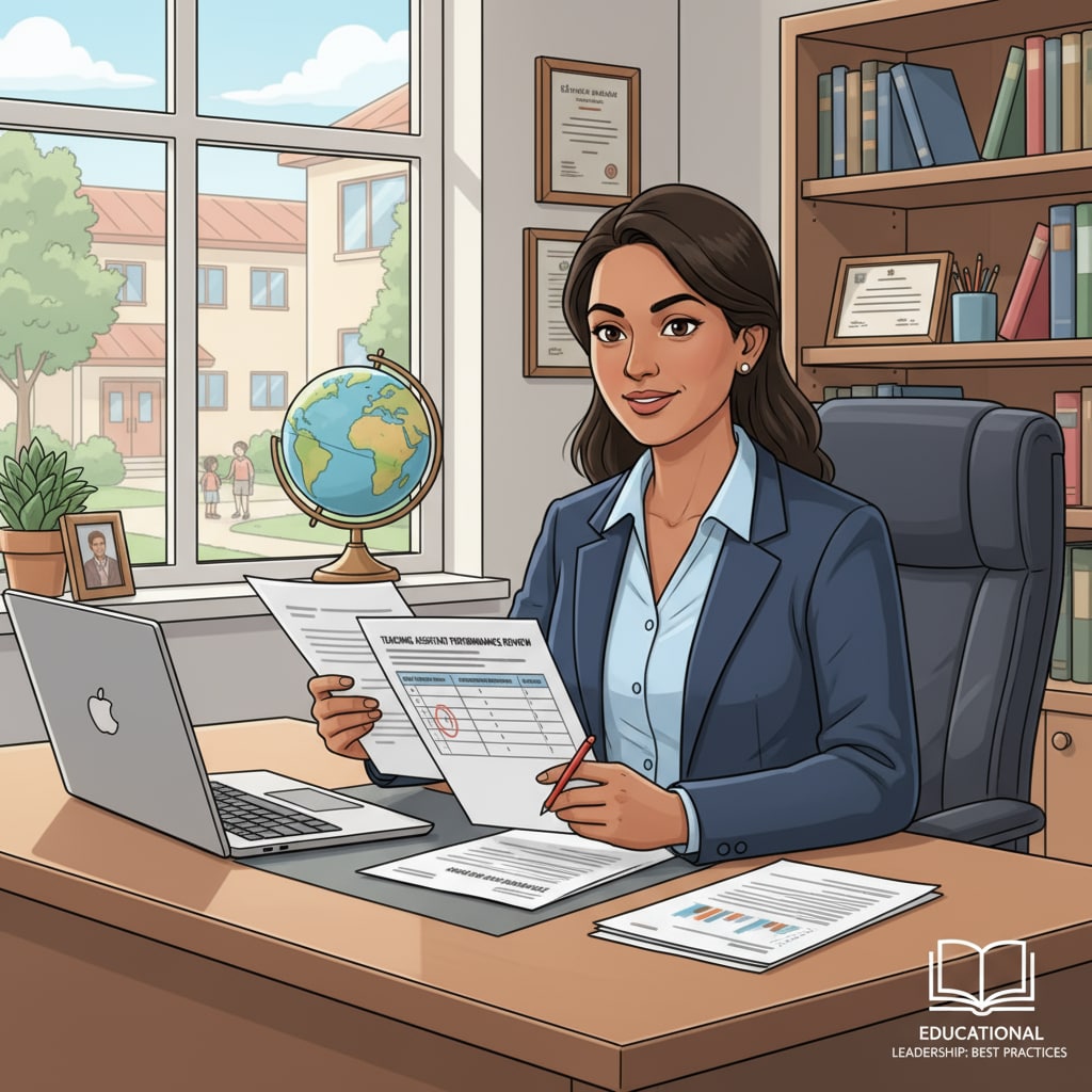 A school principal is sitting behind a desk in their office, looking at some papers related to teaching assistants' performance. School principal in office considering teaching assistant's recommendation
