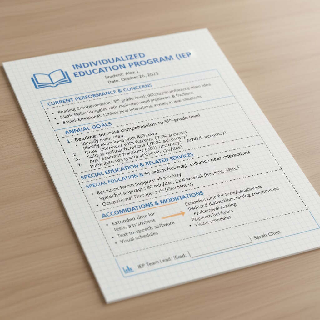 A page from an IEP file showing the complexity that can lead to reading comprehension difficulties for special education teaching assistants