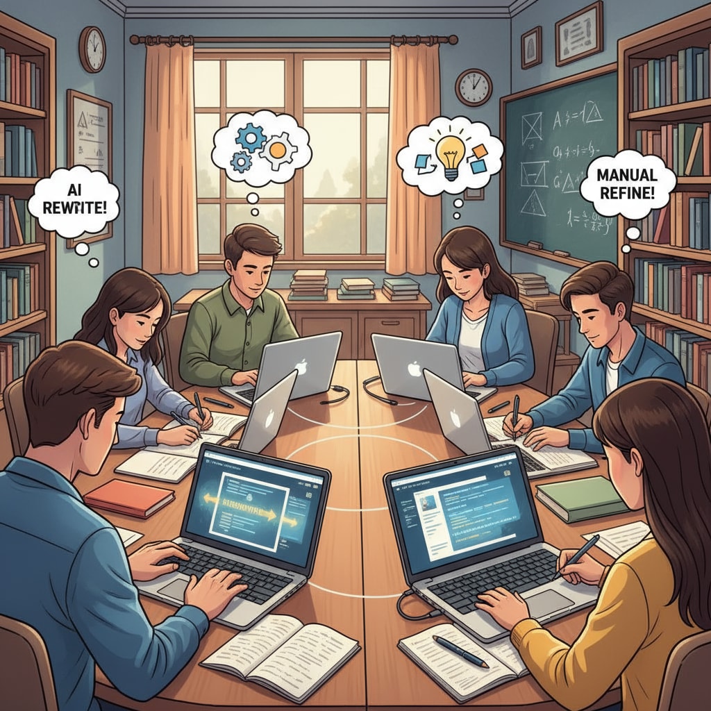 A group of students are seen using AI rewriting tools on their laptops and then manually typing the rewritten content on paper in a study room. Students using AI rewriting tools and manually inputting content