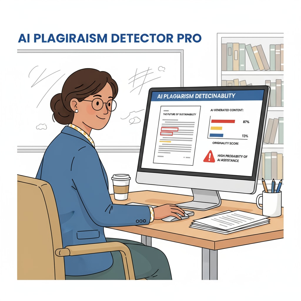 An educator is sitting at a desk, using an AI detector software on a computer to analyze a student's assignment. Educator using an AI detector to analyze student work
