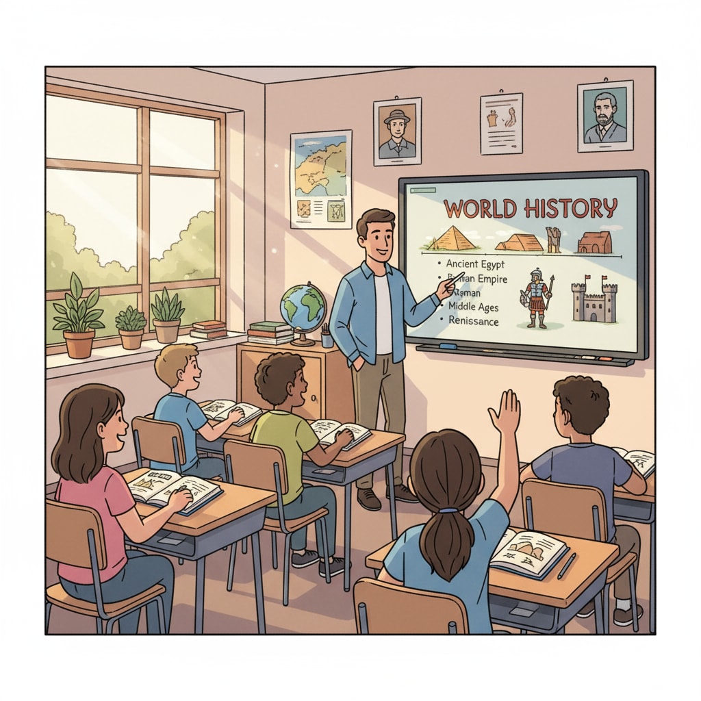 A classroom scene where students are engaged in a history lesson, with the teacher standing in front, using visual aids. Students learning history in a classroom setting, related to teacher careers, history education, and college majors