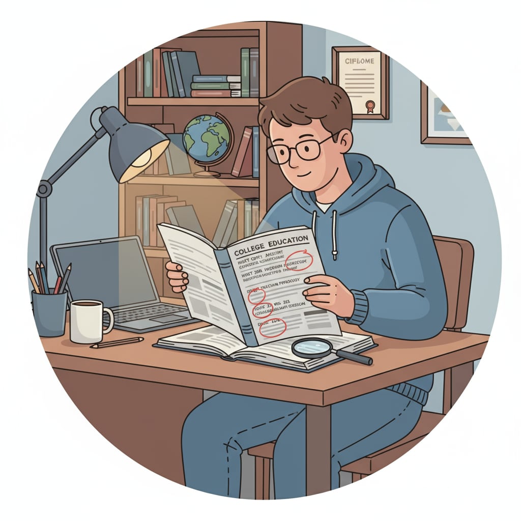 A college student sitting at a desk, looking at a course catalog with various history and education courses marked. A college student researching courses relevant to teacher careers, history education, and college majors