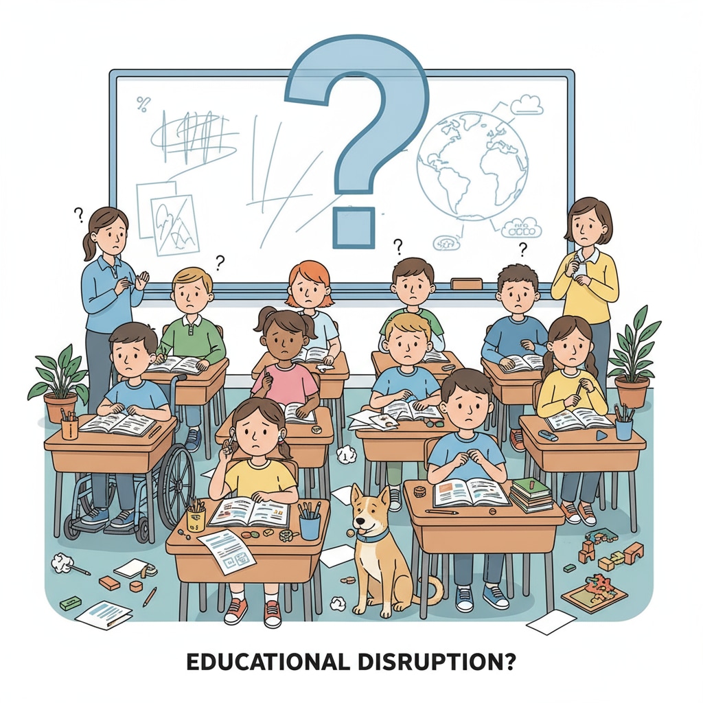 A classroom scene where students with disabilities are sitting at their desks, looking a bit lost as if they sense the educational disruption. There are some educational materials scattered on the desks. Students with disabilities in a classroom during the special education crisis caused by the government shutdown