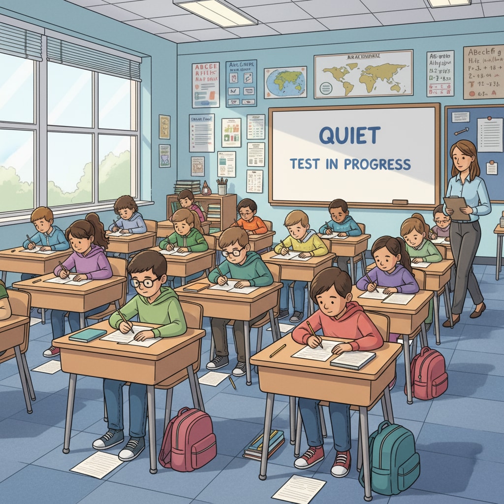 A classroom scene in a US public school with students taking a test. Students are sitting at their desks, concentrating on answering test questions. Classroom scene in a US public school with students taking a test related to education funding and test scores