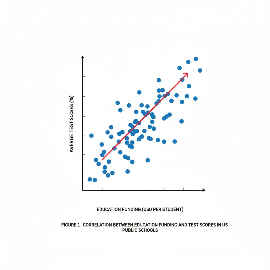 A graph showing the correlation between test scores and education funding in US public schools. The graph has test scores on one axis and education funding on the other, demonstrating the relationship. Graph showing the correlation between test scores and education funding in US public schools
