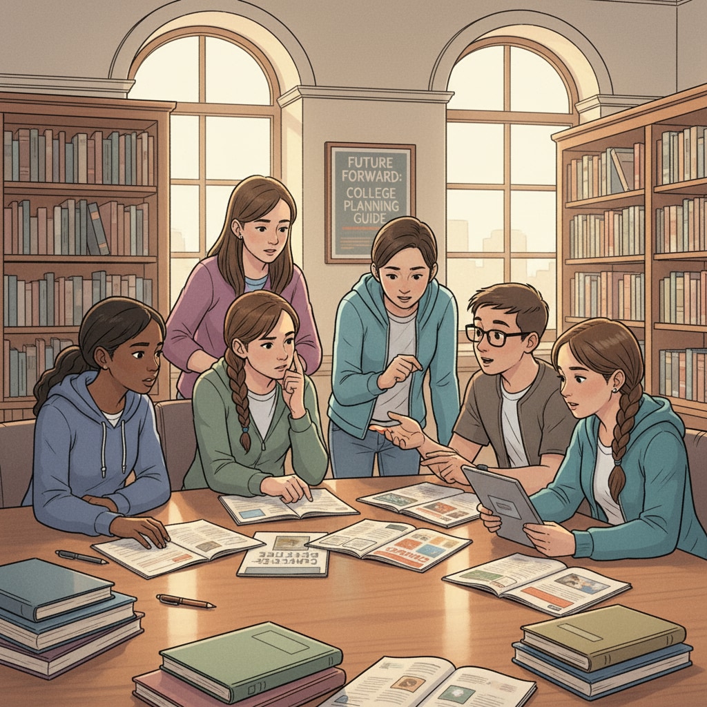 A group of high school students are sitting around a table in the library, looking at college brochures and having a serious discussion about their college plans. High school students discussing university preparation, academic planning, and career development in a library