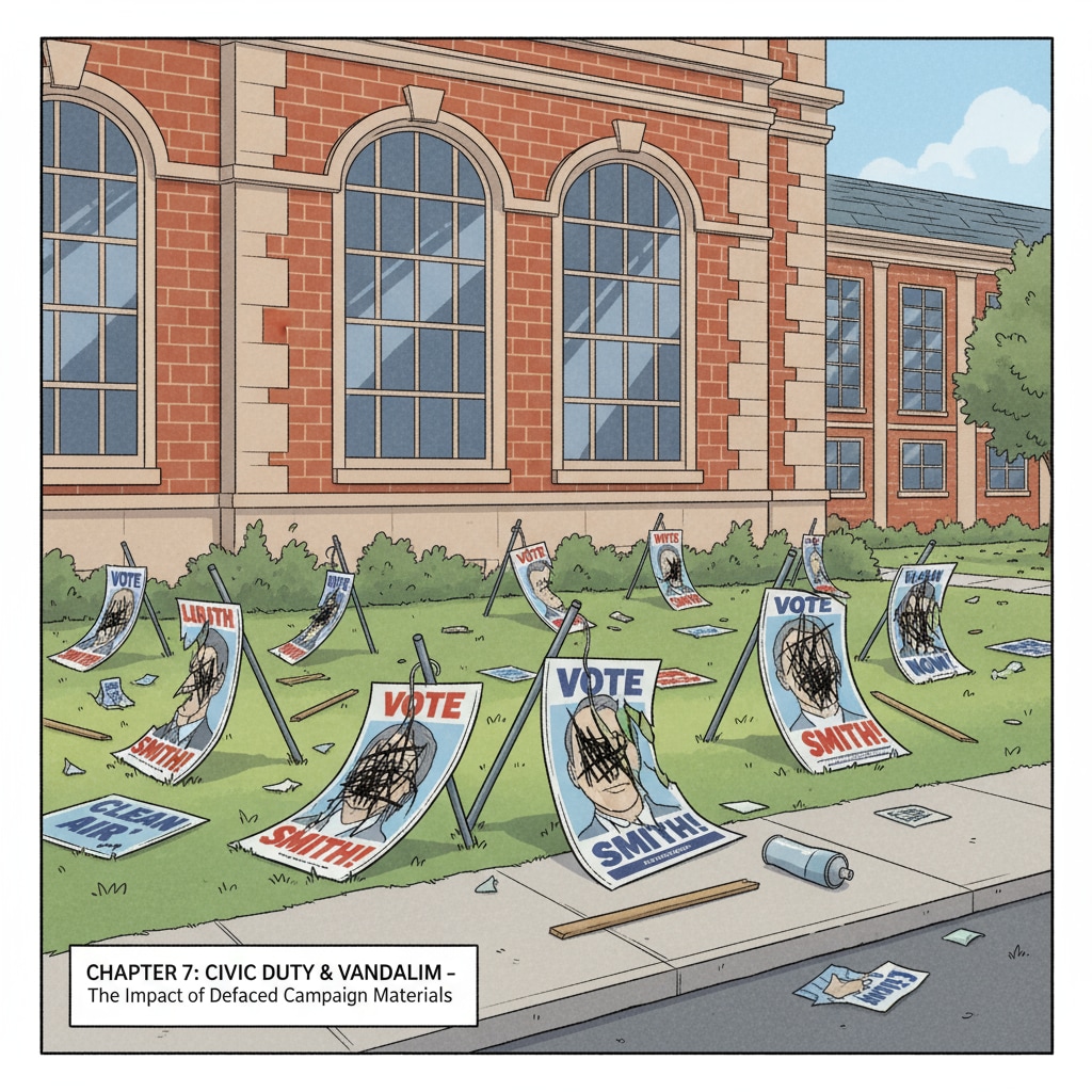 A picture of damaged campaign signs placed outside a school building, with some signs bent and others torn. Damaged campaign signs in a school board election, showing the impact of political conflict.