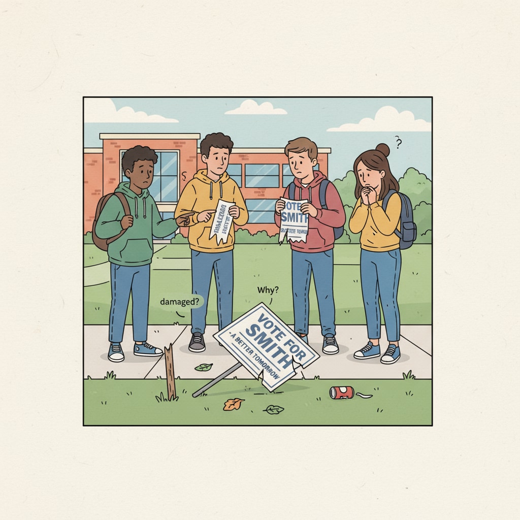 A group of students standing near a damaged campaign sign, looking confused and concerned. Students observing a damaged campaign sign, highlighting the negative impact on the school community.