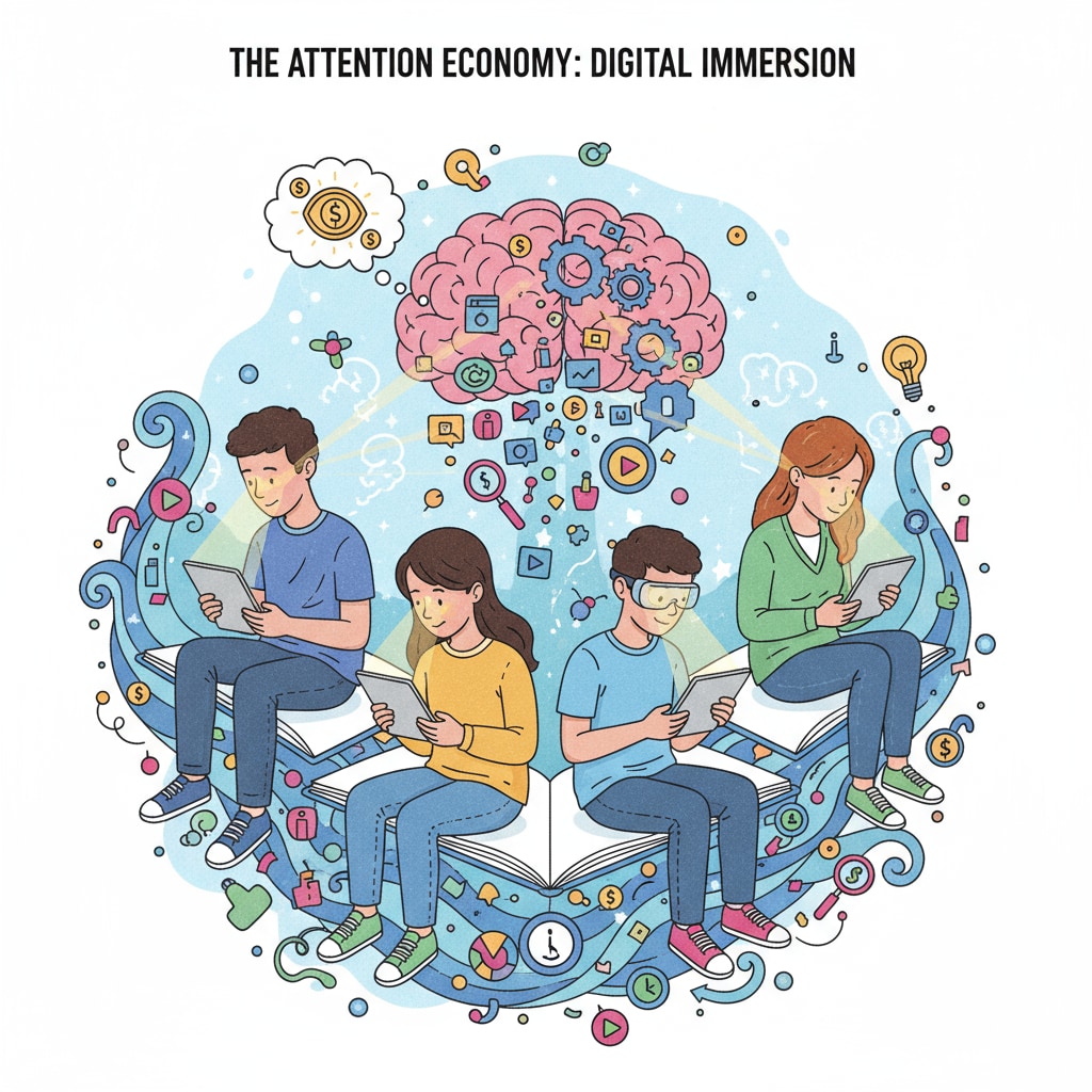 A group of students looking at their digital devices, surrounded by a sea of information icons. This represents how students are immersed in a large amount of digital information in the attention economy. Students surrounded by digital information in the context of the attention economy, information deserts, and the tech industry