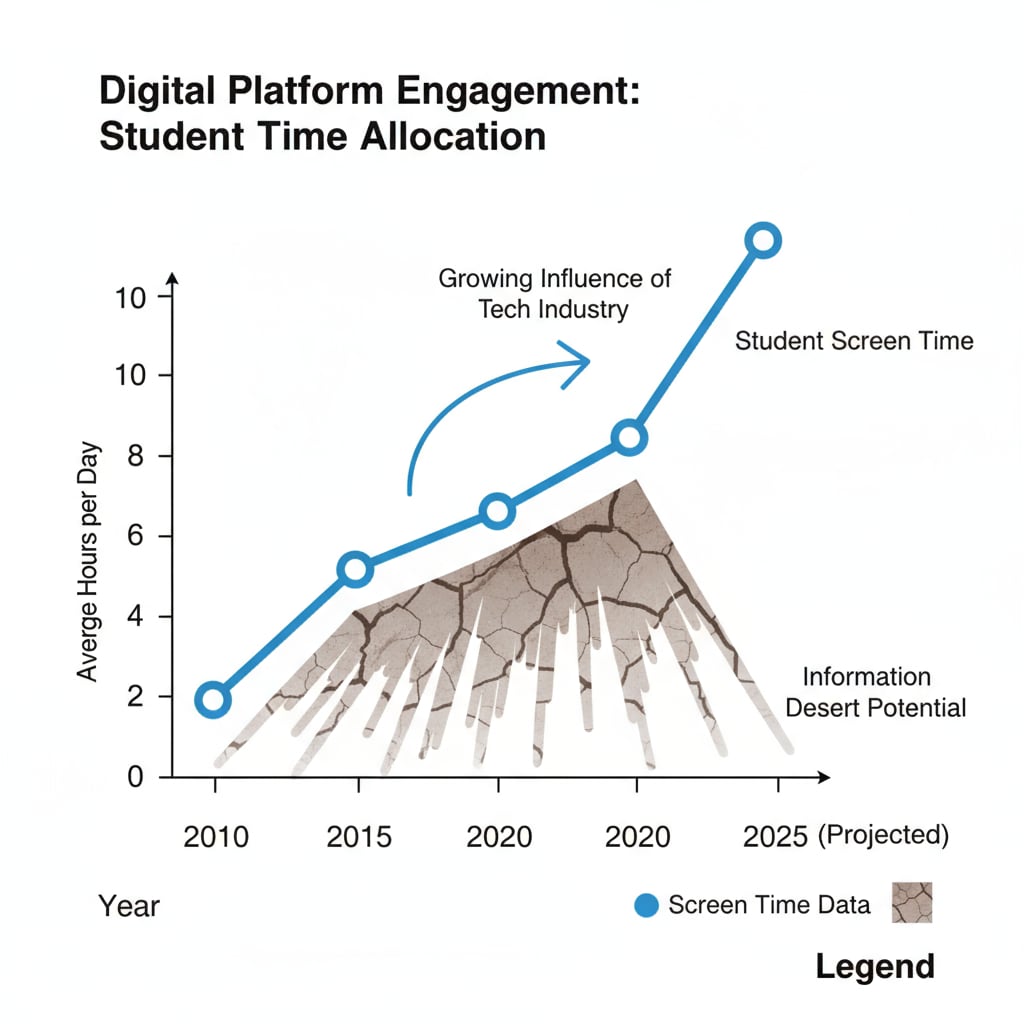 A graph showing the increasing time spent by students on digital platforms. This visualizes the growing influence of the tech industry on students' attention and the potential for information deserts. Graph depicting the growth of students' time on digital platforms related to the attention economy, information deserts, and the tech industry