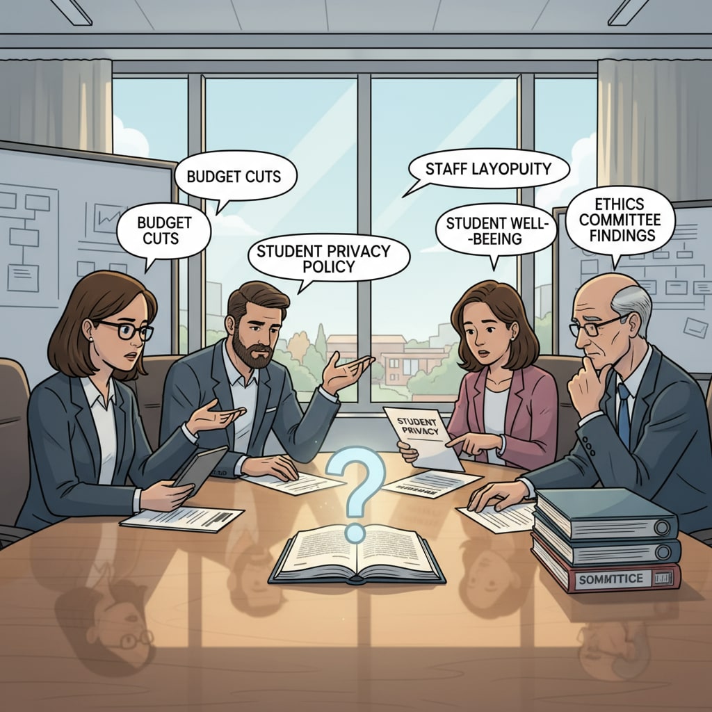 A group of K12 administrators are sitting around a table, engaged in a serious discussion about a difficult decision they need to make regarding an ethical issue in the school. K12 administrators discussing an ethical decision in educational management