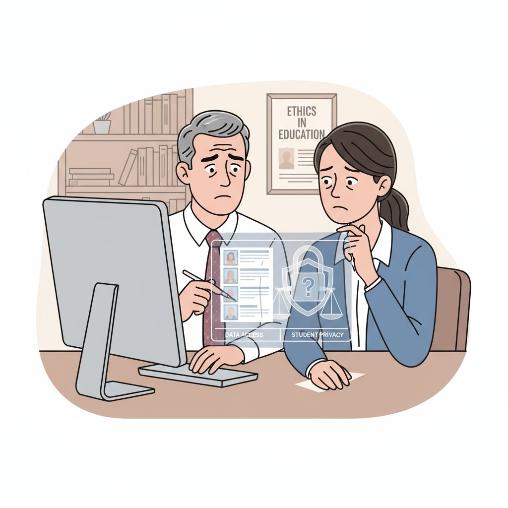 Two administrators are looking at student records on a computer screen, with a worried expression on their faces, as they are considering the balance between accessing information and protecting student privacy. Administrators handling student records while facing an ethical dilemma in educational management