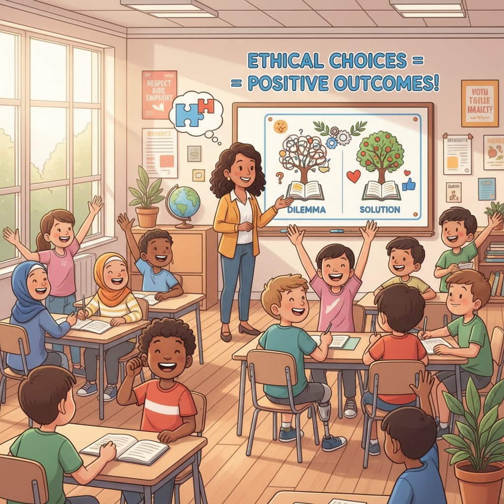 A classroom filled with happy students and a smiling teacher, showing a positive and harmonious educational environment, which is the result of good leadership decisions in handling ethical dilemmas. A positive educational environment created by sound leadership decisions in ethical dilemmas of educational management