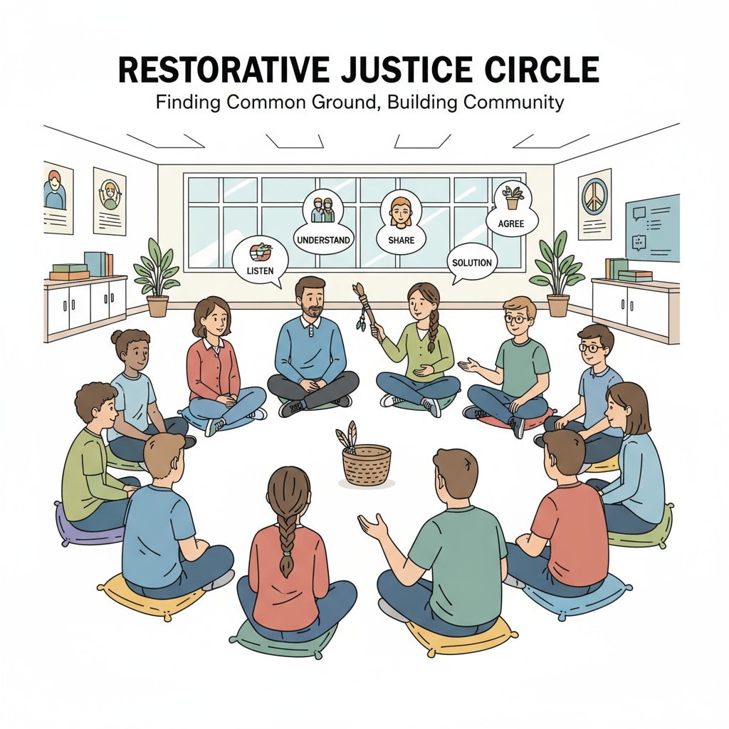 A group of students and teachers are sitting in a circle, engaged in a calm conversation about resolving conflicts. This represents the collaborative and inclusive nature of restorative justice in a school setting. Students and teachers practicing restorative justice in a circle for conflict resolution in K12 education